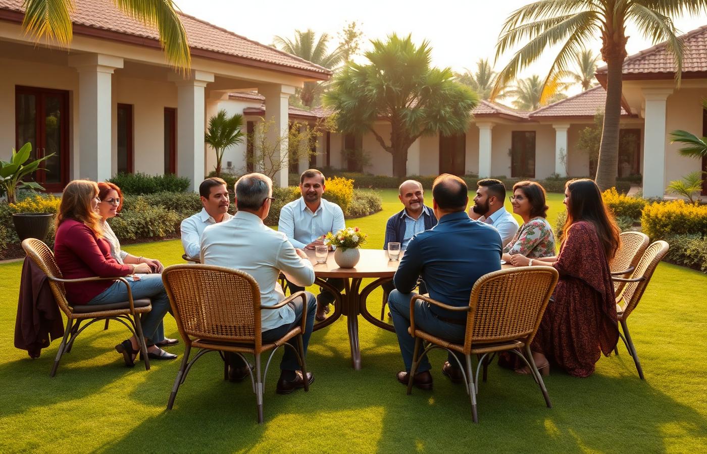 Team meeting on the lawn of a luxury villa