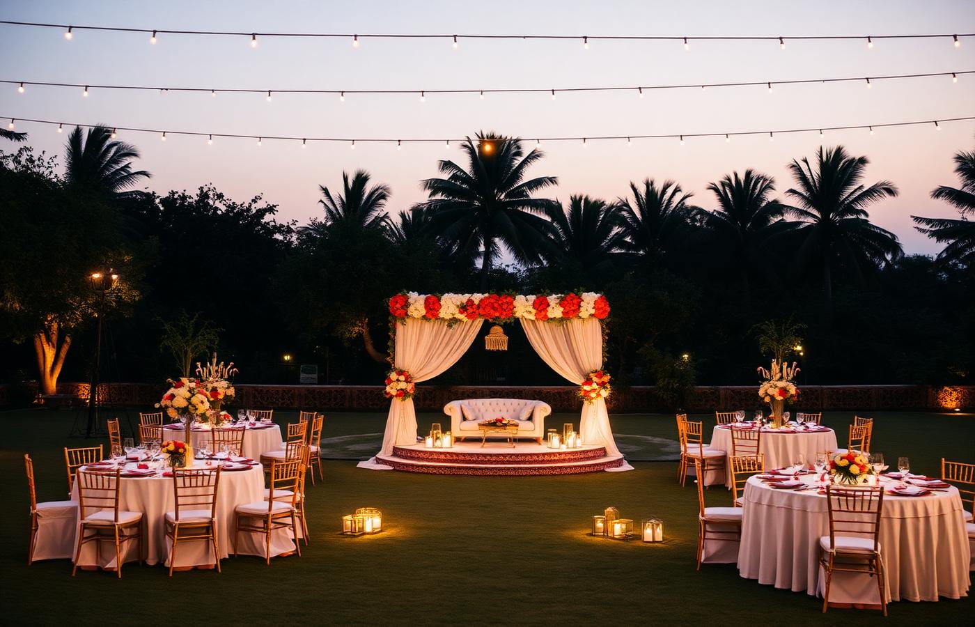 Wedding mandap and dining setup on a villa lawn at dusk