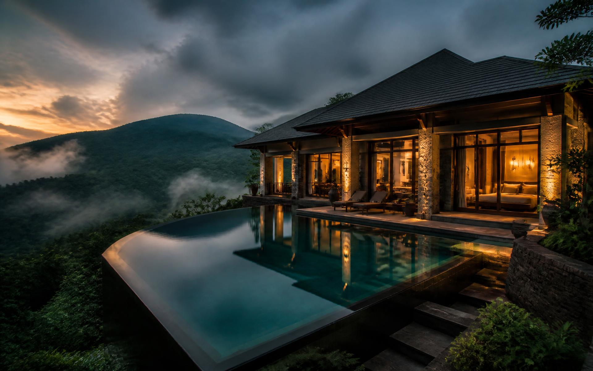 Luxury villa with infinity pool overlooking misty hills at dusk